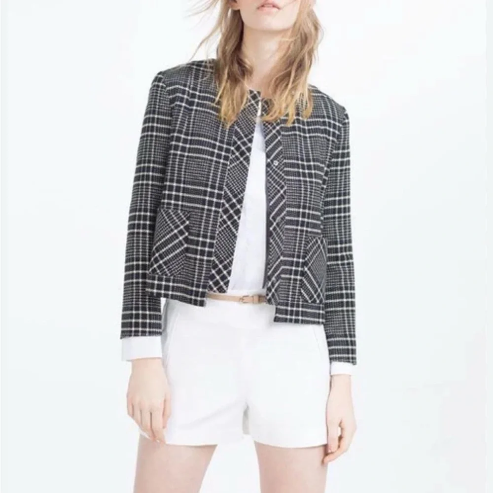Zara women’s Cropped Checkered Blazer plaid Collarless Jacket 7/8 sleeves SZ XS